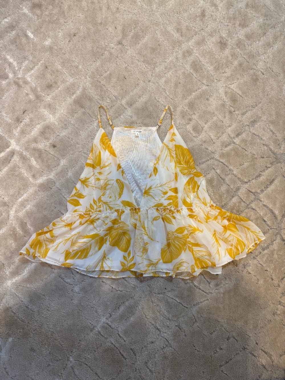 En Creme Yellow Palm Leaf Print Babydoll Crop Cami Ruffle Hem Top Small